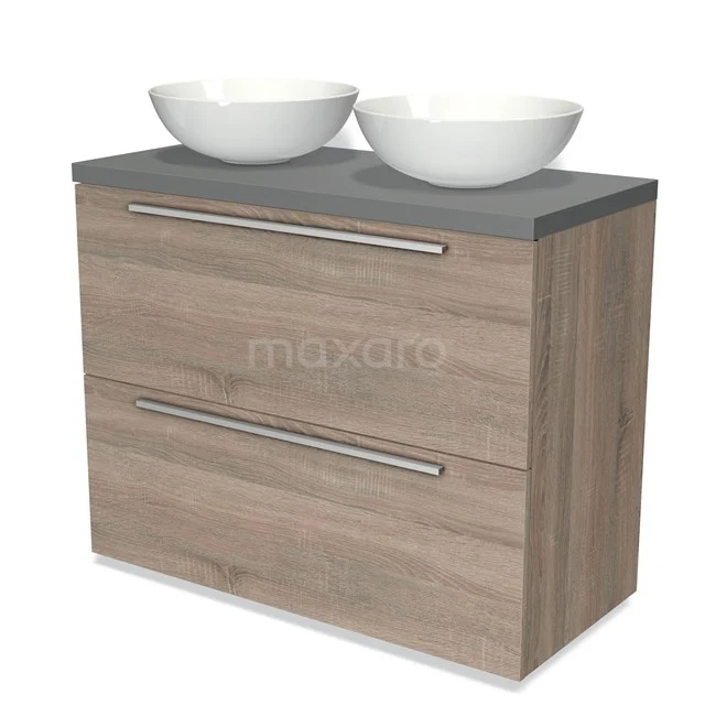 Holz Badezimmermöbel mit zwei weißen Aufsatzwaschbecken, grauer Platte und Schubladen; modernes Design, ideal für moderne Bäder.