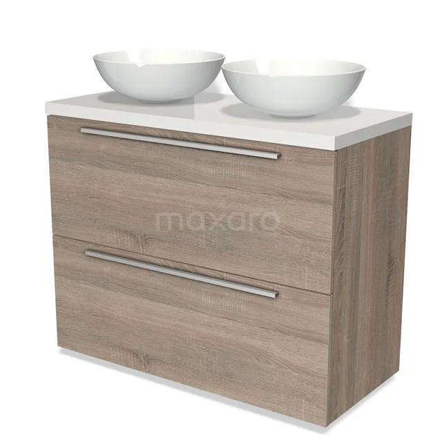 Badmöbel für Aufsatzwaschbecken 100cm Modulo Plato Eiche 2 hohe Schubladen Flach Hochglanz Weiß Platte BMK13-00703 Hölzernes Badezimmermöbel mit zwei weißen Aufsatzwaschbecken, schlichten metallischen Haltegriffen und modernem Design für stilvolle Bäder.