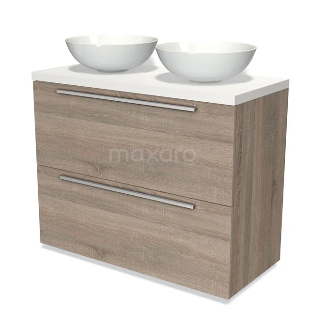 Holz Badezimmermöbel mit Doppelwaschbecken, modernes Design in Eiche Optik, ideal für stilvolle und funktionale Badezimmerlagerung.