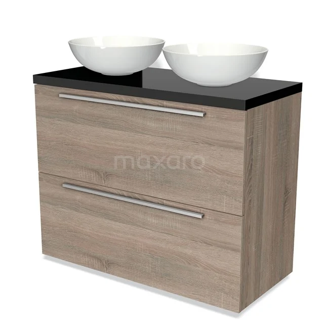 Modulo Plato Badkamermeubel voor waskom | 100 cm Eiken Vlak front Hoogglans zwart blad 2 hoge lades onder elkaar BMK13-00706