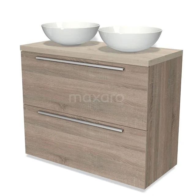 Holz Badezimmermöbel mit zwei weißen Waschbecken, modernes Design und Schubladen für Stauraum.