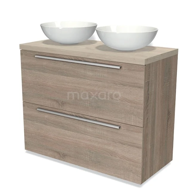 Holz Badezimmermöbel mit zwei weißen Waschbecken, modernes Design und Schubladen für Stauraum.