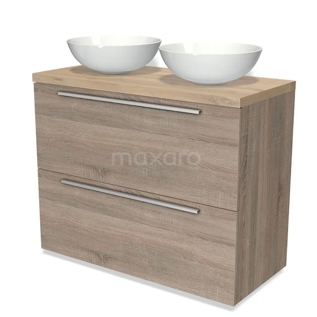 Hölzernes Badezimmermöbel mit zwei weißen Aufsatzwaschbecken, modernes Design und horizontalen Griffen, perfekt für stilvolle Bäder.