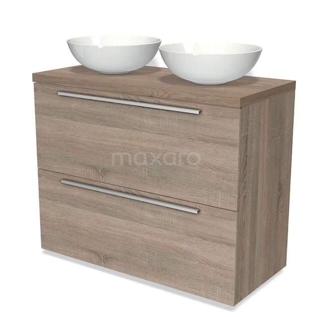 Hölzernes Badezimmermöbel mit zwei weißen Aufsatzwaschbecken, modernem Erscheinungsbild und metallischen Haltegriffen, ideal für ein stilvolles Badezimmer.