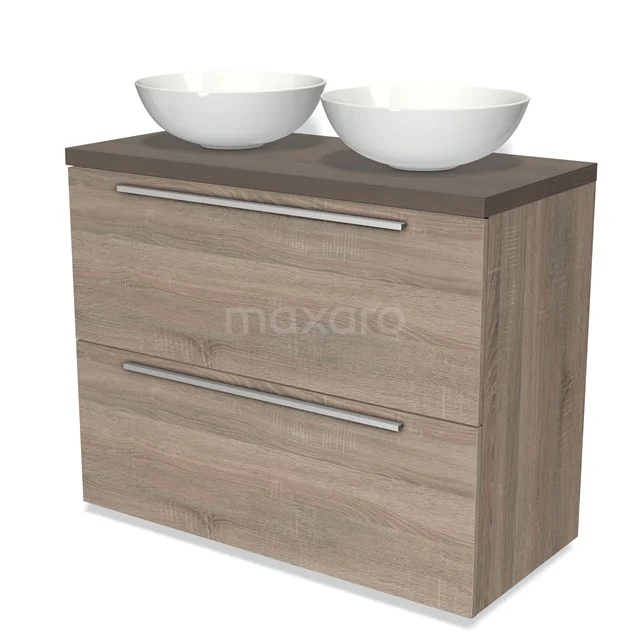 Holz Badezimmermöbel mit zwei weißen Aufsatzwaschbecken, moderne Ausstrahlung, ausgestattet mit metallischen Griffen und geräumigen Schubladen.