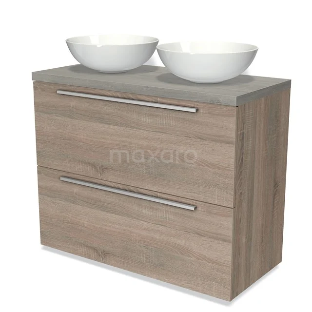 Badmöbel für Waschtischunterschrank mit Konsole 100cm Modulo Plato Eiche 2 hohe Schubladen Flache Eiche Grau Platte BMK13-00712 Hölzernes Waschtisch mit grauer Platte, zwei weißen Aufsatzwaschbecken und metallischen Haltegriffen; modernes Badezimmerdesign.