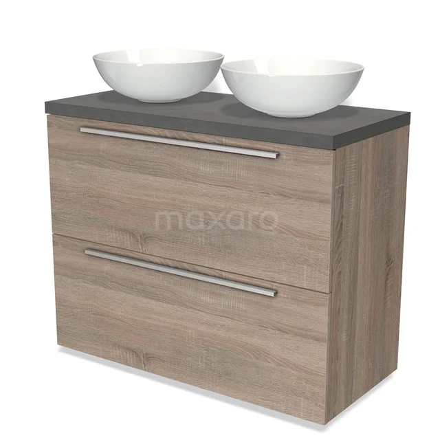 Holz Badezimmermöbel mit zwei weißen Aufsatzwaschbecken, graue Platte und schlankem Design. Perfekt für eine moderne Badezimmer Einrichtung.