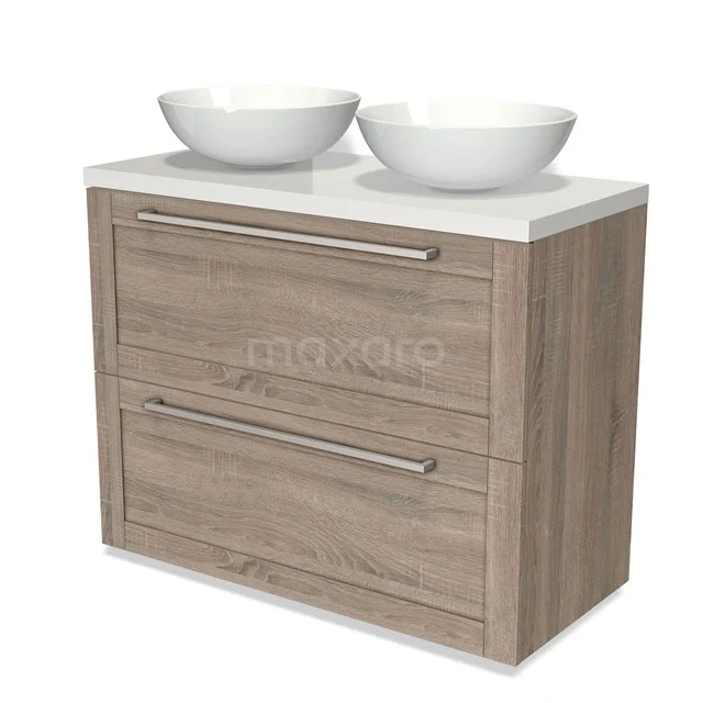 Modulo Plato Vanity units for countertop basin | 100 cm Oak Frame front High-gloss white worktop 2 stacked drawers under each other BMK13-00717 Wooden bathroom unit with two white countertop wash basins, fitted with drawer handles in a modern style. Perfect for a stylish bathroom.