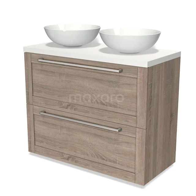 Wooden bathroom unit with two drawers, white double countertop wash basins and metal handles; modern bathroom series.