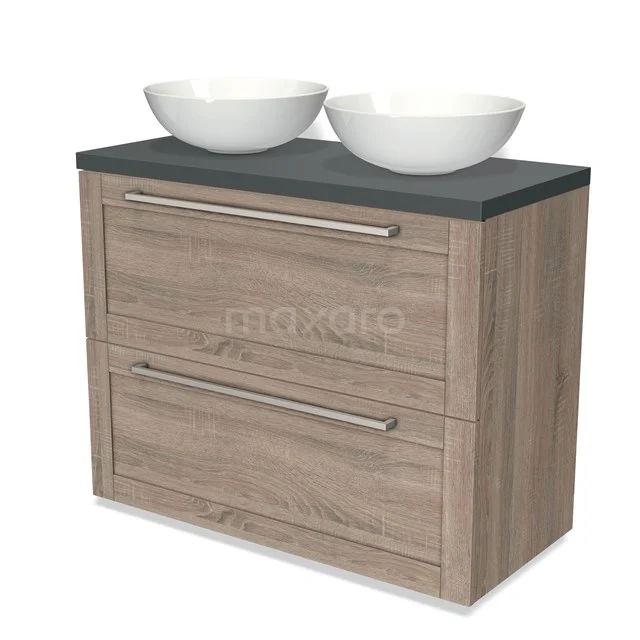 Wooden bathroom unit with grey worktop and white double countertop wash basins, modern look, perfect for a stylish bathroom.