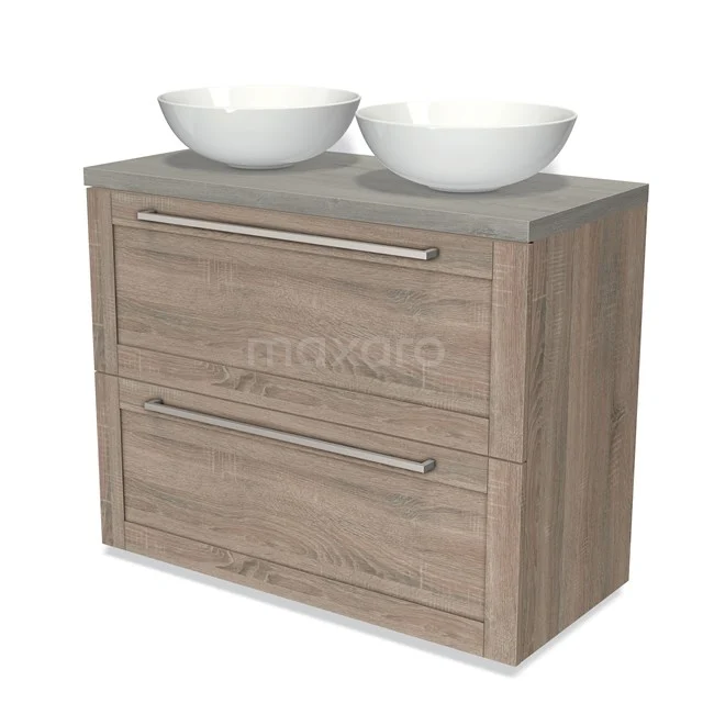 Wooden bathroom unit with two white countertop wash basins, grey worktop, and metal handles; compact and modern style.