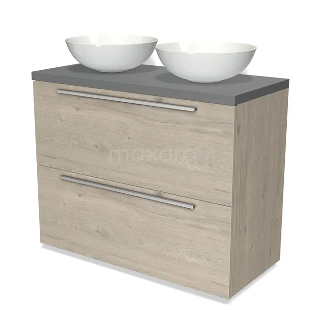Holz Badezimmermöbel mit Grau Platte und doppeltem weißen Aufsatzwaschbecken, modernes Design mit zwei Schubladen.