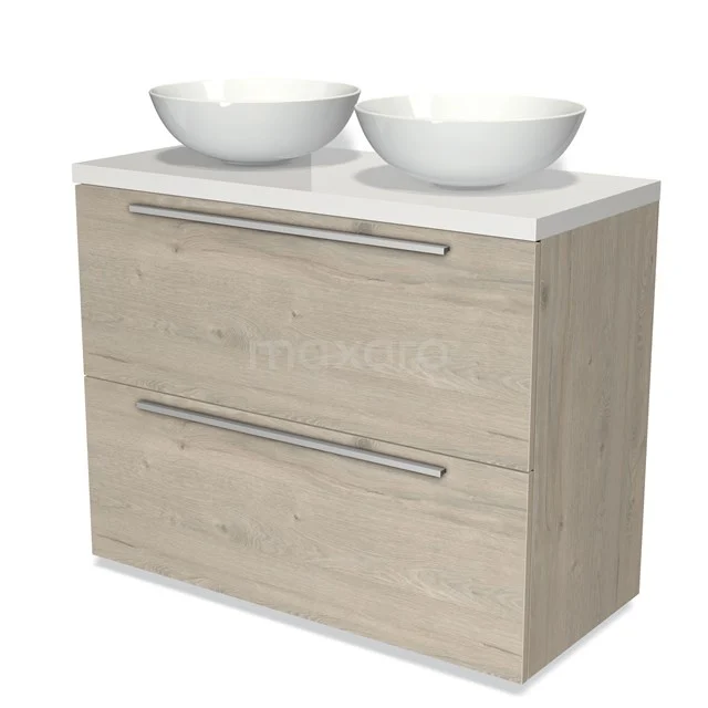 Holz-Badmöbel mit weißem Doppel-Aufsatzwaschbecken, zwei breiten Schubladen und modernem Design für stilvolle Badezimmer-Aufbewahrungslösungen.