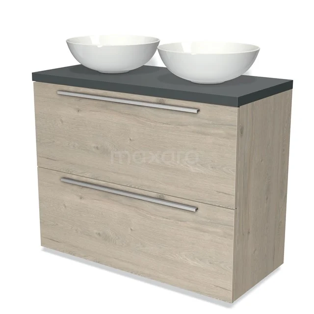 Holz-Badmöbel mit zwei Schubladen, schwarzer Waschtischplatte und doppelten weißen Aufsatzwaschbecken, ideal für moderne Bäder.