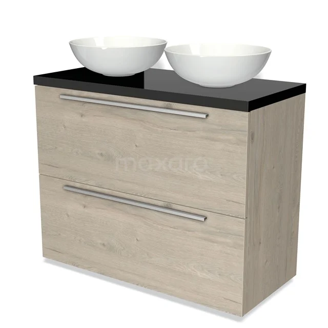 Holz Badezimmermöbel mit schwarzer Platte, zwei weißen Aufsatzwaschbecken und Schubladen mit metallischen Haltegriffen, modernes Design.