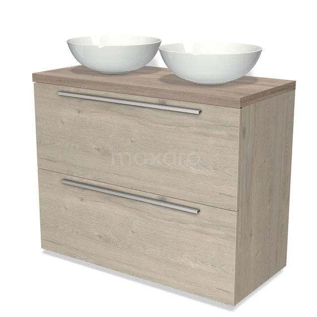 Hölzernes Badezimmermöbel mit zwei weißen Waschbecken, modernen Schubladen und metallischen Haltegriffen, ideal für stilvolle Badezimmerlagerung.