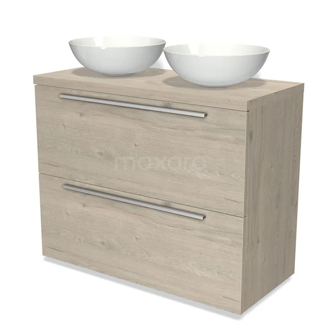 Holz Badezimmermöbel mit zwei weißen Aufsatzwaschbecken, modernem Design, breiten Schubladen und metallischen Griffen für stilvollen Stauraum.