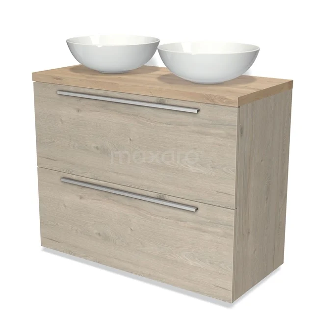 Badezimmermöbel Holzoptik mit doppeltem weißen Waschbecken, zwei breiten Schubladen und modernem Design, ideal für stilvollen Stauraum.