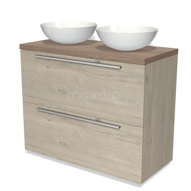 Modulo Plato Badmöbel mit Aufsatzwaschbecken | 100 cm Hellgraue Eiche Flach front Mittelbraune Eiche blatt 2 hohe Schubladen übereinanderliegend BMK13-00738 Holz Badezimmermöbel mit heller Eiche Optik, zwei Schubladen und doppelten weißen keramischen Aufsatzwaschbecken oben.