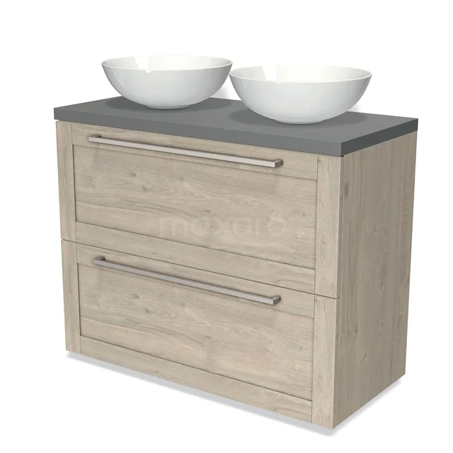 Wooden bathroom unit with grey worktop, double white vanity units for countertop wash basins and metal handles, perfect for modern bathroom design.