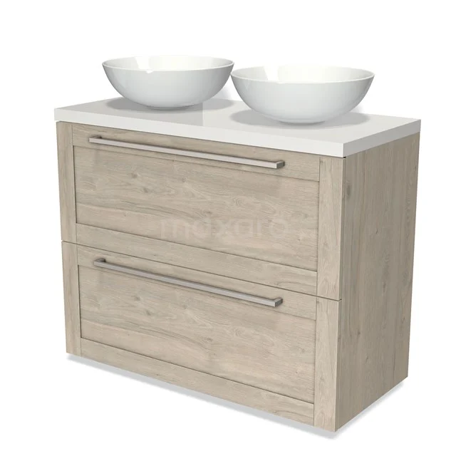 Wooden bathroom unit with two white countertop wash basins, modern design, double drawers and durable materials.