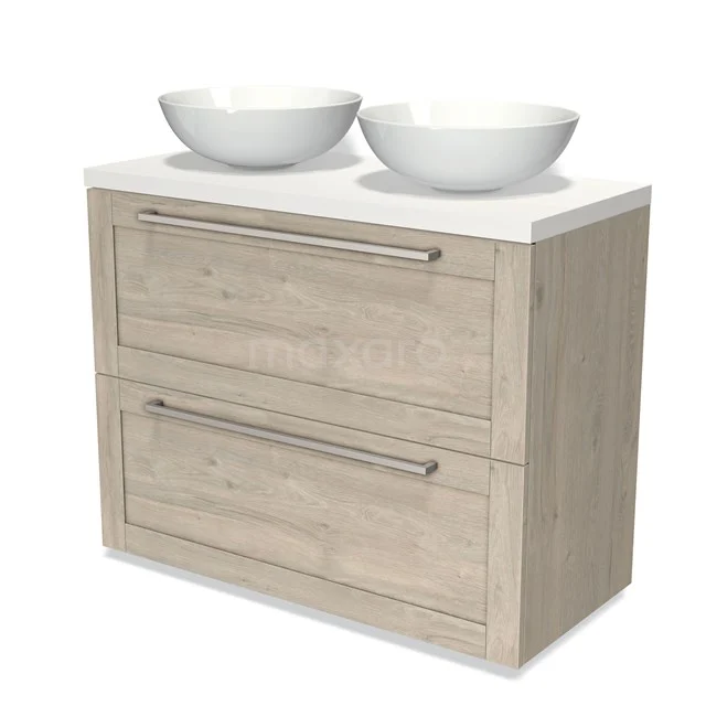 Modulo Plato Vanity units for countertop basin | 100 cm Light grey oak Frame front Matte white worktop 2 stacked drawers under each other BMK13-00746 Wooden bathroom unit with 2 drawers, double white vanity units for countertop wash basin and sleek handles; ideal for modern bathroom design.