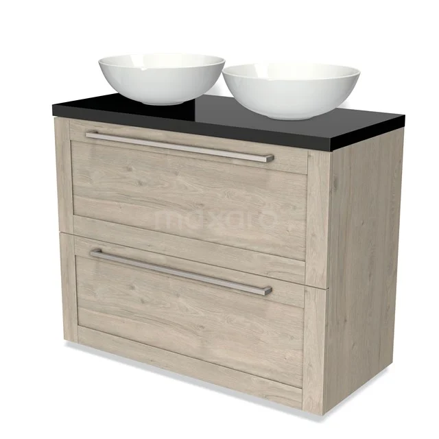 Holz-Badmöbel mit zwei Schubladen, schwarzer Platte und doppelten weißen Aufsatzwaschbecken, ideal für einen modernen Badezimmerstil.