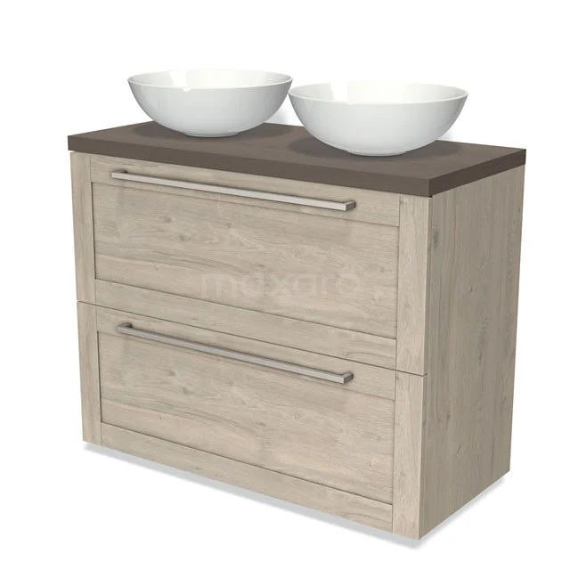 Modulo Plato Vanity units for countertop basin | 100 cm Light grey oak Frame front Dark brown oak worktop 2 stacked drawers under each other BMK13-00753 Wooden bathroom unit with two drawers, dark brown worktop and double white countertop wash basins, ideal for modern bathrooms.