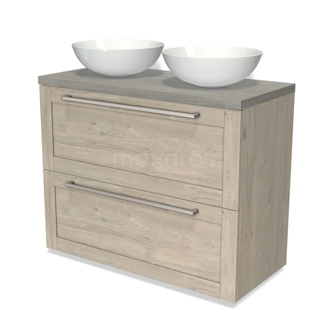 Hölzernes Badezimmermöbel mit doppelten Aufsatzwaschbecken, Naturstein Platte und zwei Schubladen, modernes Design für stilvolle Bäder.