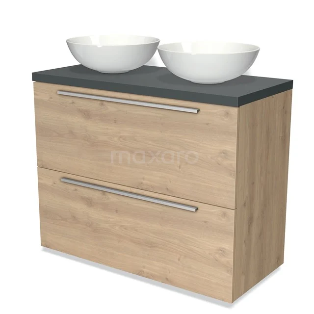 Badmöbel für Waschtischunterschrank mit Konsole 100cm Modulo Plato hellbraune Eiche 2 hohe Schubladen flache dunkelgraue Platte BMK13-00761 Hölzernes Badezimmermöbel mit zwei weißen Aufsatzwaschbecken, dunkler Platte und metallischen Haltegriffen, modernes Design für Bäder.