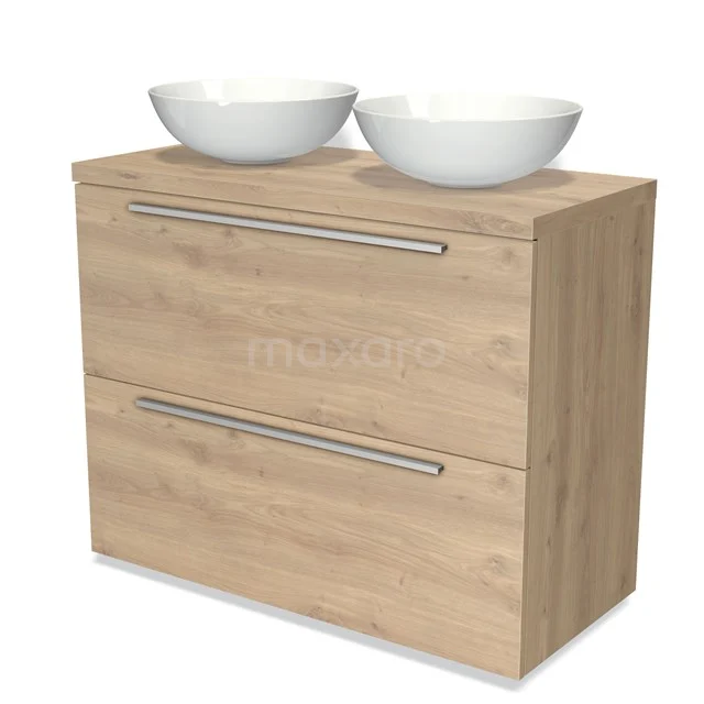 Modulo Plato Badmöbel mit Aufsatzwaschbecken | 100 cm Hellbraune Eiche Flach front Hellbraune Eiche blatt 2 hohe Schubladen übereinanderliegend BMK13-00765 Holz Badezimmermöbel mit zwei weißen keramischen Waschbecken, modernes Design, Schubladengriffe und natürliche Holzoptik.