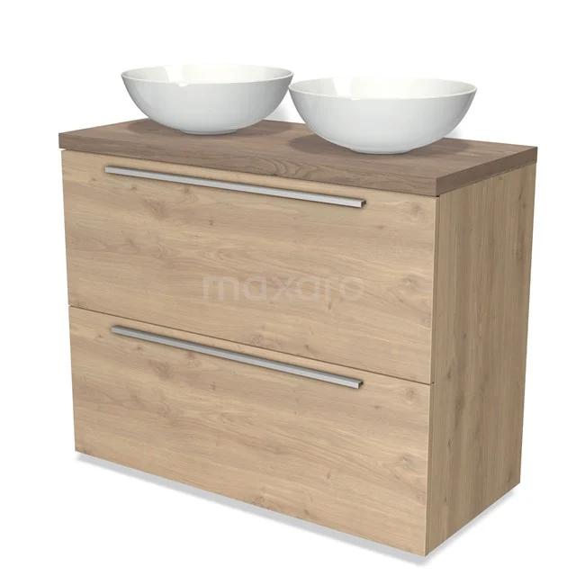 Badmöbel für Aufsatzwaschbecken 100cm Modulo Plato Hellbraune Eiche 2 hohe Schubladen Flach Mittelbraune Eiche Platte BMK13-00766 Holz-Badmöbel mit zwei Schubladen, doppelten weißen Aufsatzwaschbecken und metallischen Griffen, ideal für moderne Bäder.