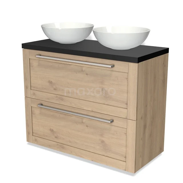 Modulo Plato Vanity units for countertop basin | 100 cm Light brown oak Frame front Matte black worktop 2 stacked drawers under each other BMK13-00771 Wooden bathroom unit with black top and double white countertop wash basins, including two spacious drawers.