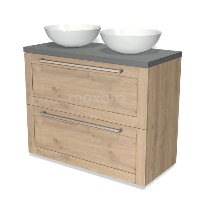 Wooden bathroom unit with two white vanity units with basin, grey stone worktop, and double drawers; ideal for modern bathroom design.