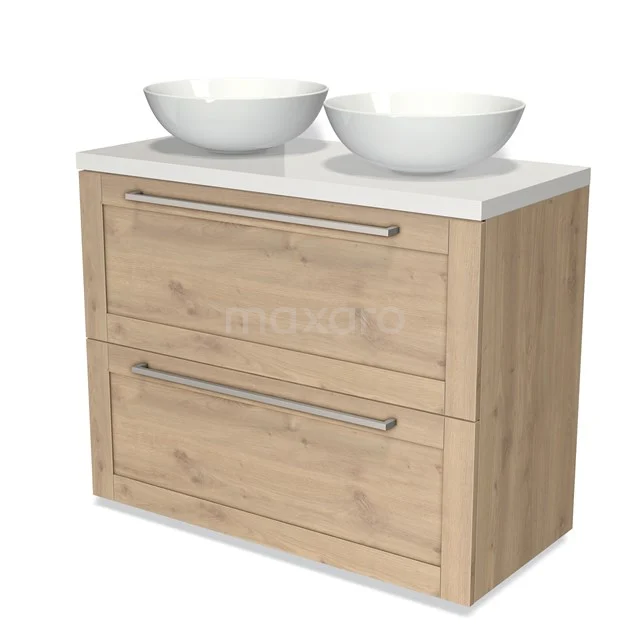 Wooden bathroom unit with two drawers, white vanity units for countertop wash basin and modern handles, ideal for a stylish bathroom space.