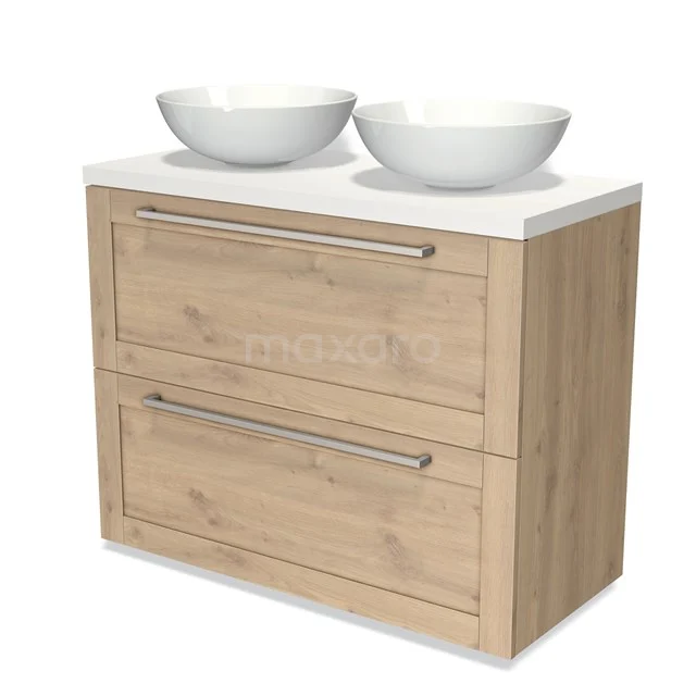 Wooden bathroom unit with two white countertop wash basins, modern look, drawer storage; ideal for stylish bathroom design.