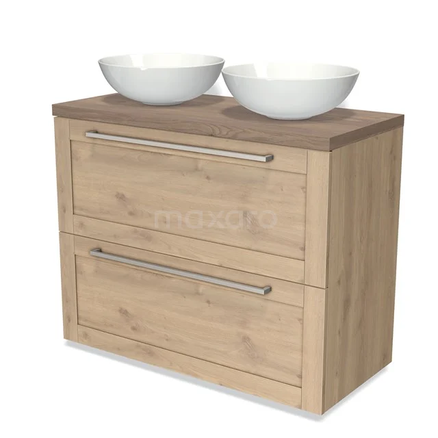 Wooden bathroom unit with two drawers and an oak look, fitted with two white ceramic basins.