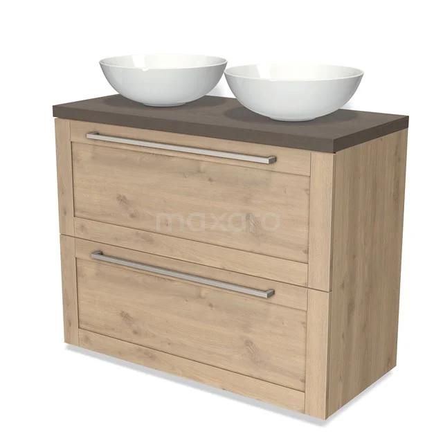Wooden bathroom unit with two drawers, dark top and two white countertop wash basins, ideal for a modern bathroom style.