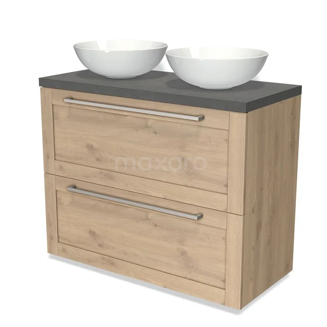 Modulo Plato Vanity units for countertop basin | 100 cm Light brown oak Frame front Dark grey concrete worktop 2 stacked drawers under each other BMK13-00784 Wooden bathroom unit with two white countertop wash basins, grey stone worktop and two wide drawers, ideal for a modern bathroom.