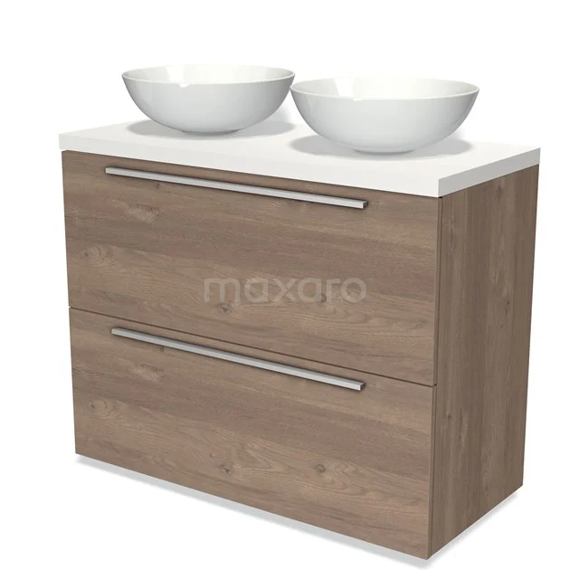 Badmöbel für Waschtischunterschrank mit Konsole 100cm Modulo Plato mittelbraune Eiche 2 hohe Schubladen Flach Matt Weiß Platte BMK13-00788 Holz Badezimmermöbel mit zwei weißen Aufsatzwaschbecken, moderne Optik, ausgeführt in natürlicher Eiche mit metallischen Griffen.