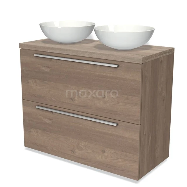 Modulo Plato Vanity units for countertop basin | 100 cm Mid brown oak Flat front Oak worktop 2 stacked drawers under each other BMK13-00791