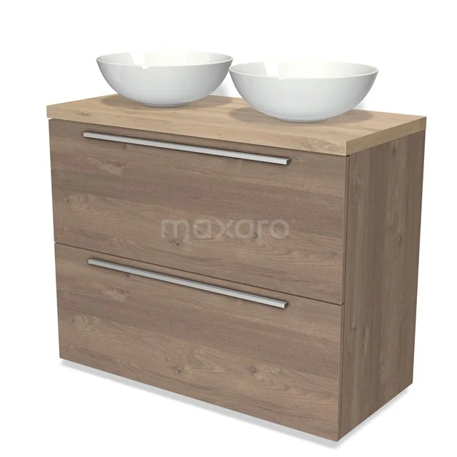 Modulo Plato Vanity units for countertop basin | 100 cm Mid brown oak Flat front Light brown oak worktop 2 stacked drawers under each other BMK13-00793