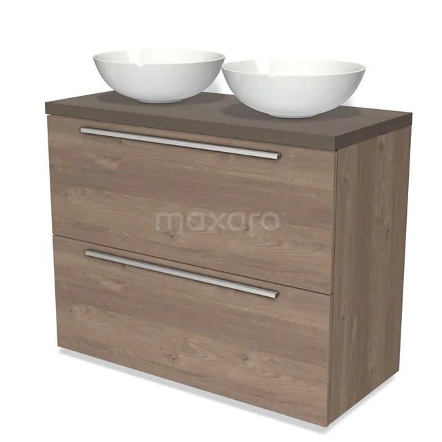 Holz-Badmöbel mit zwei weißen Aufsatzwaschbecken, modernem Look, doppelten Schubladen und schlichten Haltegriffen für stilvollen Stauraum.