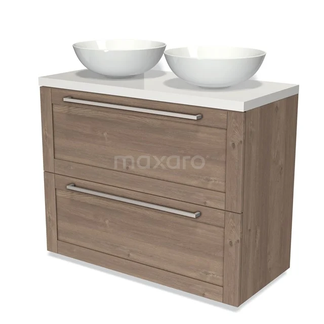 Modulo Plato Vanity units for countertop basin | 100 cm Mid brown oak Frame front High-gloss white worktop 2 stacked drawers under each other BMK13-00801 Wooden bathroom unit with two drawers, white double vanity units for countertop wash basins and modern design, perfect for a stylish bathroom.