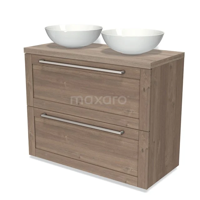 Wooden bathroom unit with two drawers, including double basins in white, ideal for modern bathroom design.