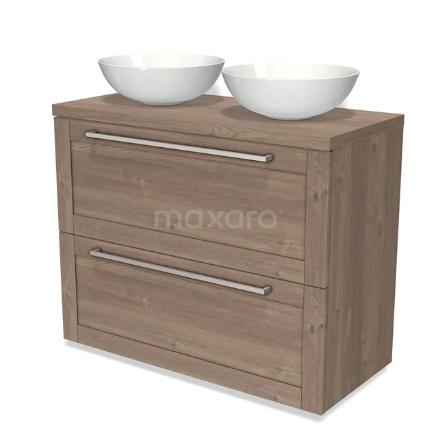 Modulo Plato Vanity units for countertop basin | 100 cm Mid brown oak Frame front Mid brown oak worktop 2 stacked drawers under each other BMK13-00808 Wooden bathroom unit with 2 drawers, natural Oak finish, and double basin; stylish and practical for any bathroom.
