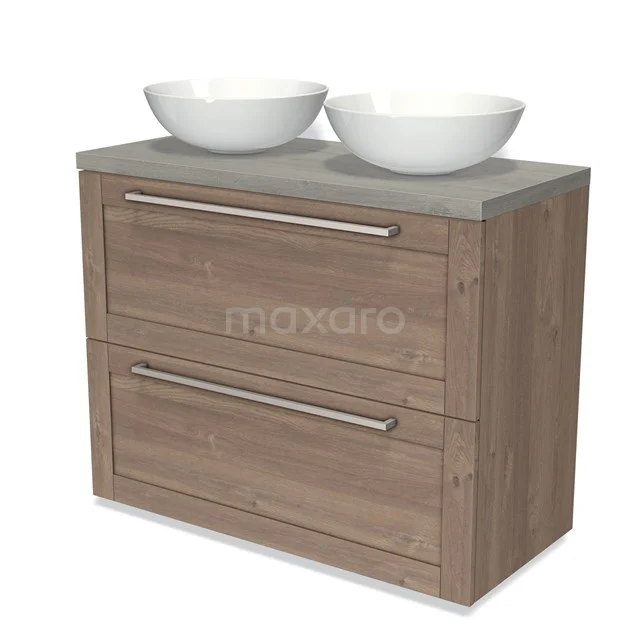 Modulo Plato Vanity units for countertop basin | 100 cm Mid brown oak Frame front Grey oak worktop 2 stacked drawers under each other BMK13-00810 Wooden bathroom unit with two white vanity units with basins, wood-look finish, sleek design with concrete-look worktop for a modern bathroom style.