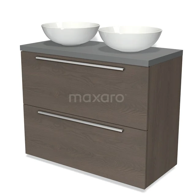 Holz Badezimmermöbel mit grauer Oberfläche und zwei weißen Aufsatzwaschbecken, modernes Design und sauber verarbeitete Schubladen.