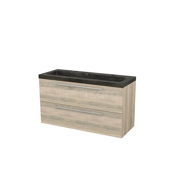 Modulo+ Bathroom furniture with sink | 120 cm Oak Flat front Natural stone 2 Stacked drawers BMP003525 Wooden bathroom unit in oak look with black basin worktop, modern design, ideal for stylish bathroom design.