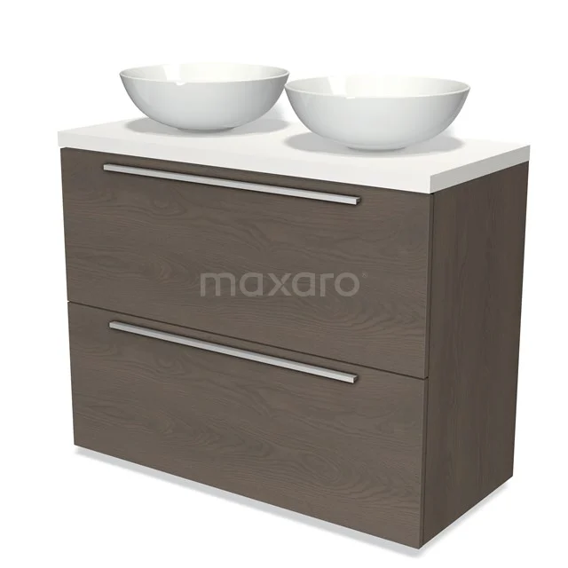 Badezimmermöbel Holzoptik mit doppeltem weißen Waschbecken, modernes Design, zwei Schubladen und Chrom Haltegriffen, ideal für Stauraum.